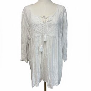 NWT White Scoop Neck Boho Peasant Blouse with Lace Bust and Keyhole Tie Sz 1X